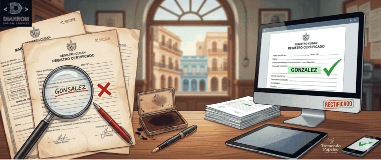 Un montaje fotográfico panorámico que compara los tiempos de legalización en Cuba: por un lado, largas colas, libros antiguos y lentitud para 'BUROCRACIA', por otro, pantallas modernas, una agente digital y velocidad para 'RESOLUCIÓN EXPRESS'. Símbolos de conexión internacional y digitalización se funden con la escena. Fondo cinematográfico de La Habana Vieja al amanecer.