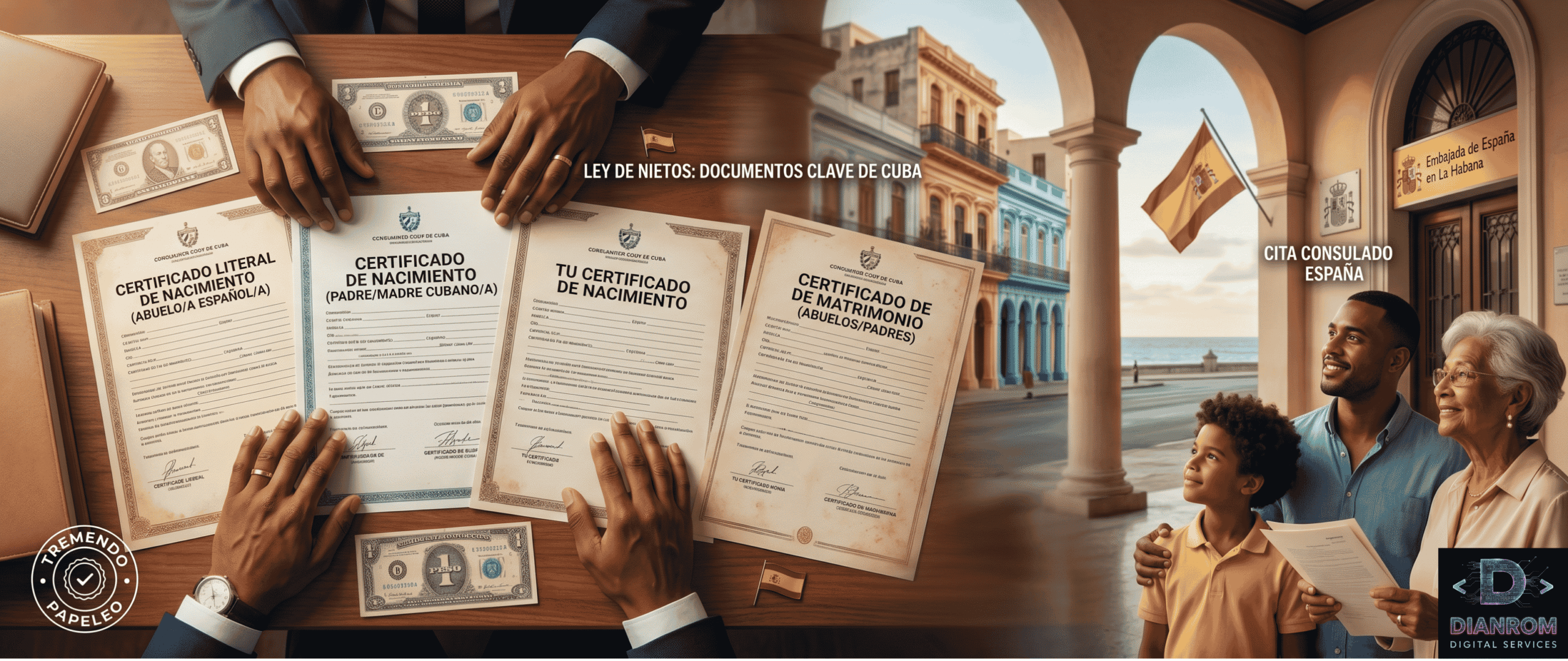 Un montaje fotográfico panorámico que compara los tiempos de legalización en Cuba: por un lado, largas colas, libros antiguos y lentitud para 'BUROCRACIA', por otro, pantallas modernas, una agente digital y velocidad para 'RESOLUCIÓN EXPRESS'. Símbolos de conexión internacional y digitalización se funden con la escena. Fondo cinematográfico de La Habana Vieja al amanecer.
