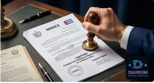 Expediente de documentos cubanos con sellos oficiales de autenticación legal y Apostilla.