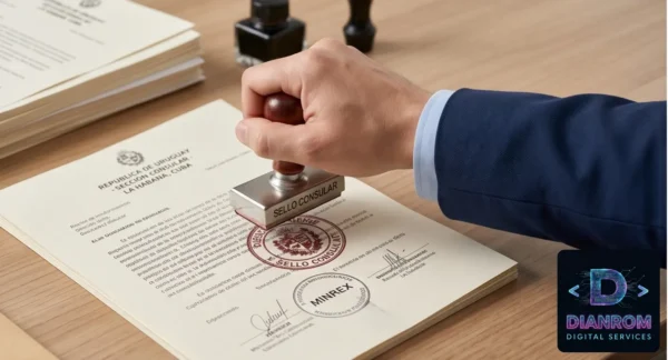 Gestor revisando documentos legalizados listos para envío internacional.